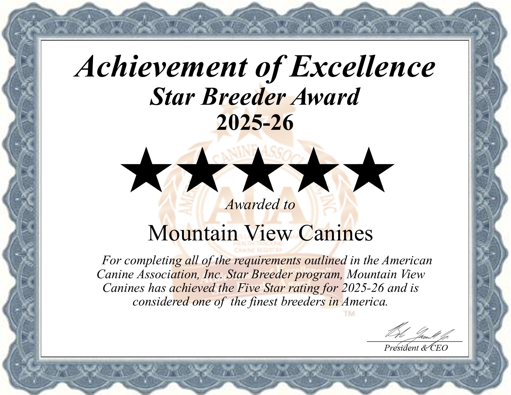 Mountain, View Canines, dog, breeder, star, certificate, Mountain-View Canines, Narvon, PA, Pennsylvania, puppy, dog, kennels, mill, puppymill, usda, 5-star, aca, ica, registered, snauzer, pa-doglaw